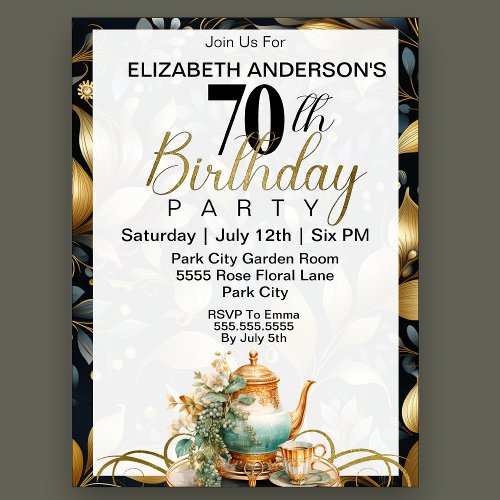 Elegant Tea Set 70th Birthday Invitation