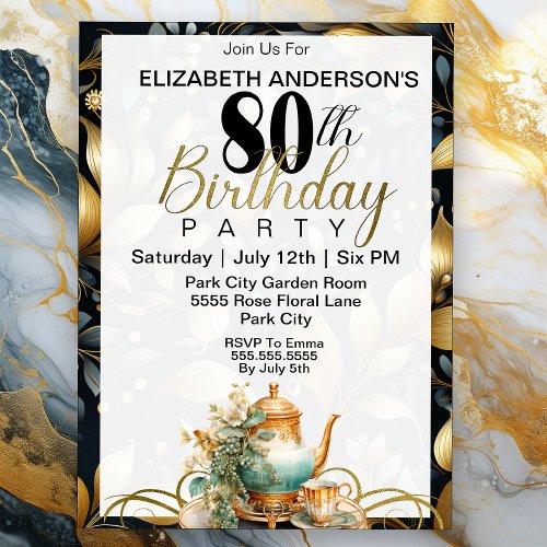 Elegant Tea Set 80th Birthday Invitation