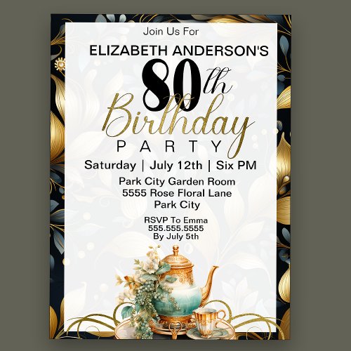 Elegant Tea Set 80th Birthday Invitation