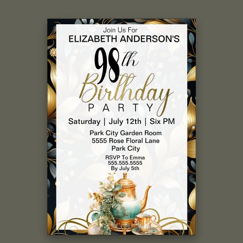 Elegant Tea Set 98th Birthday Invitation