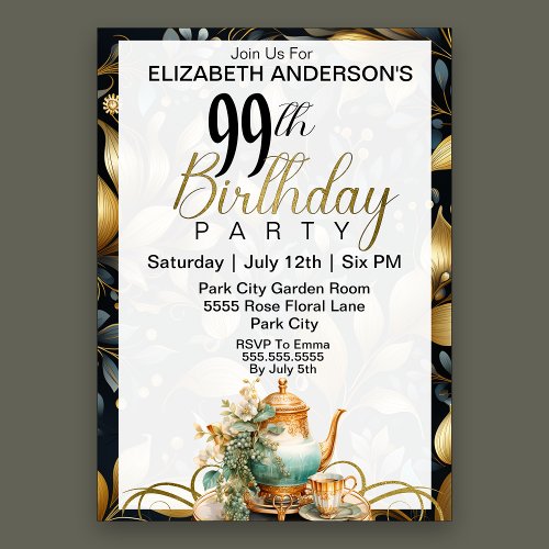 Elegant Tea Set 99th Birthday Invitation