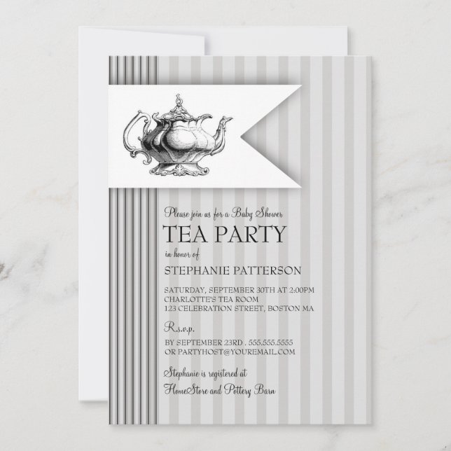 Elegant Tea Ticking Stripe Baby Shower Tea Party Invitation (Front)