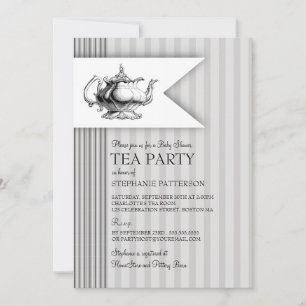 Elegant Tea Ticking Stripe Baby Shower Tea Party Invitation