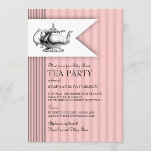 Elegant Tea Ticking Stripe Baby Shower Tea Party Invitation