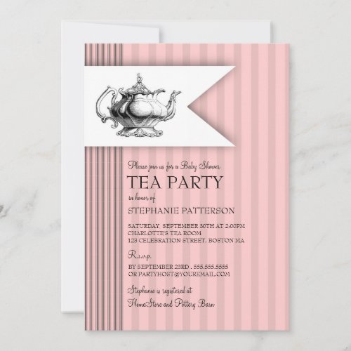 Elegant Tea Ticking Stripe Baby Shower Tea Party Personalized Invites