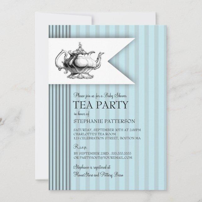 Elegant Tea Ticking Stripe Baby Shower Tea Party Invitation (Front)