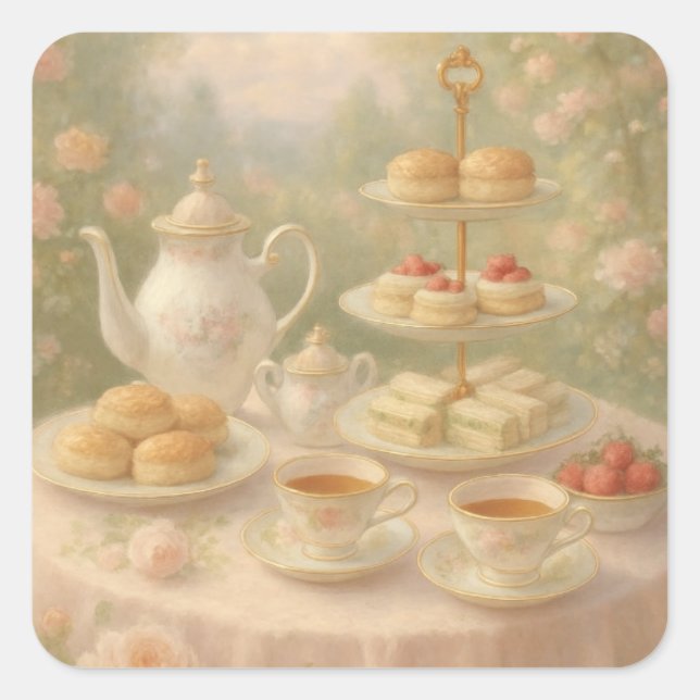Elegant Tea Time Square Sticker (Front)