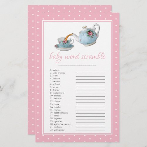 Elegant Teacups Baby Shower Tea Party Word Scrable