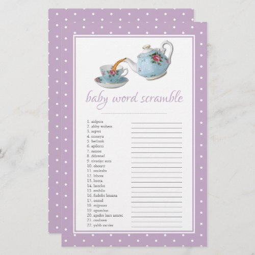 Elegant Teacups Baby Shower Tea Party Word Scrable