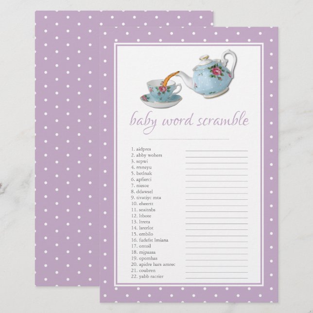 Elegant Teacups Baby Shower Tea Party Word Scrable (Front/Back)