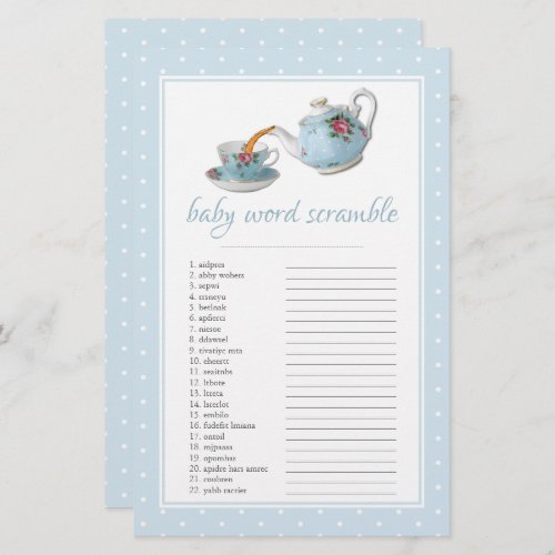 Elegant Teacups Baby Shower Tea Party Word Scrable