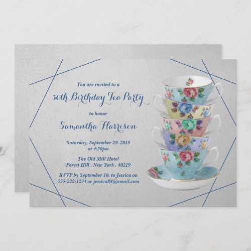 Elegant Teacups Birthday Tea Party Invitation