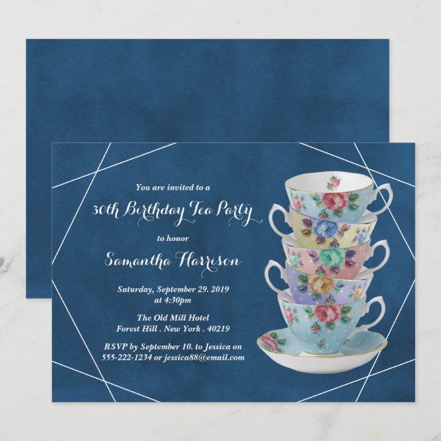 Elegant Teacups Birthday Tea Party Invitation (Front/Back)