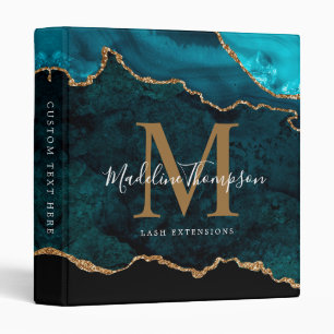 Elegant Teal Agate Geode Gold Script Monogram 3 Ring Binder