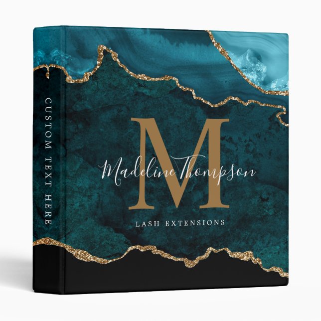 Elegant Teal Agate Geode Gold Script Monogram 3 Ring Binder (Front/Spine)