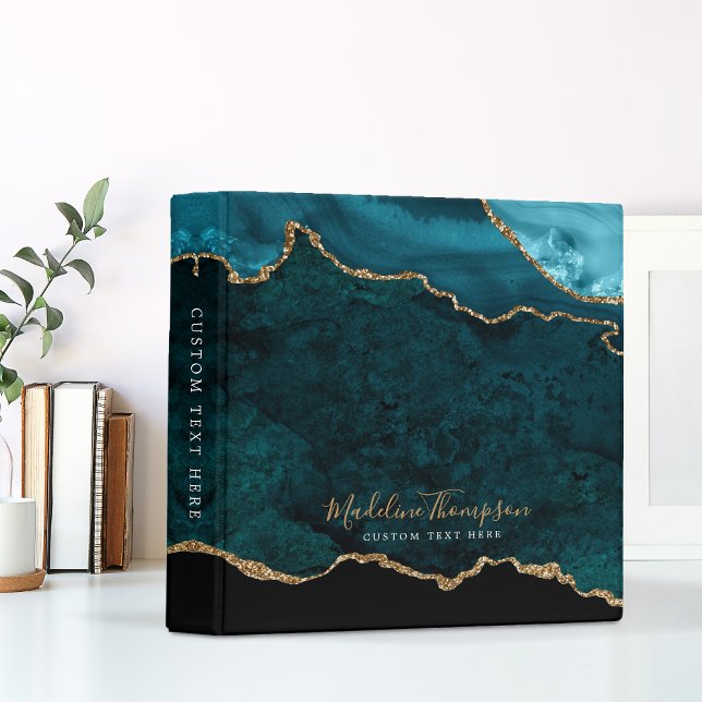 Elegant Teal Agate Geode Gold Script Typography 3 Ring Binder (Creator Uploaded)