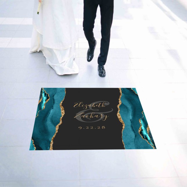 Elegant Teal Agate Gold Glitter Dark Wedding Floor Decals (Wedding)