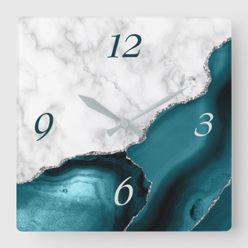 Elegant Teal Agate Silver Glitter Marble Square Wall Clock