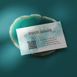 Elegant Teal Alcohol Ink Marble with QR Code Business Card
