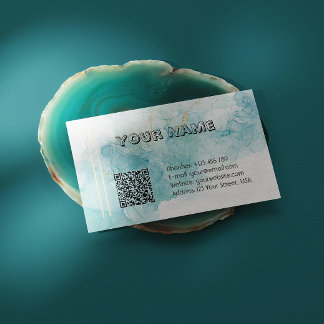 Elegant Teal Alcohol Ink Marble with QR Code Business Card
