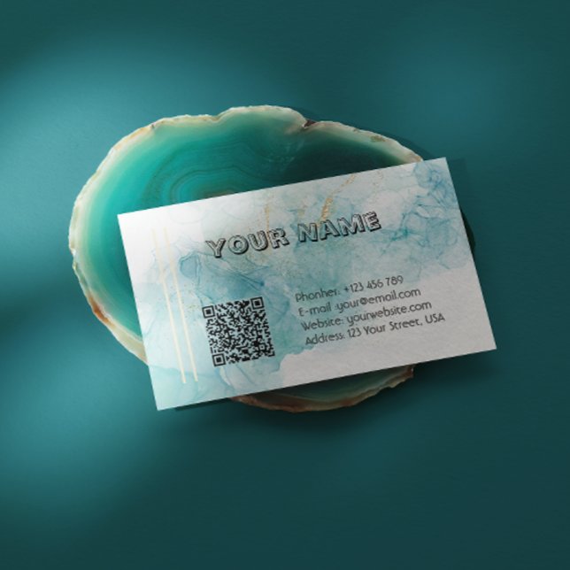 Elegant Teal Alcohol Ink Marble with QR Code Business Card (Creator Uploaded)