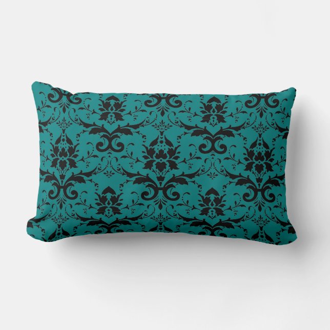 Elegant Teal and Black Damask Pattern Lumbar Pillow (Front)
