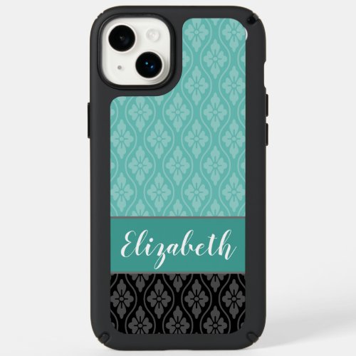 Elegant Teal and Black Japanese Tatewaku Pattern Speck iPhone 14 Plus Case