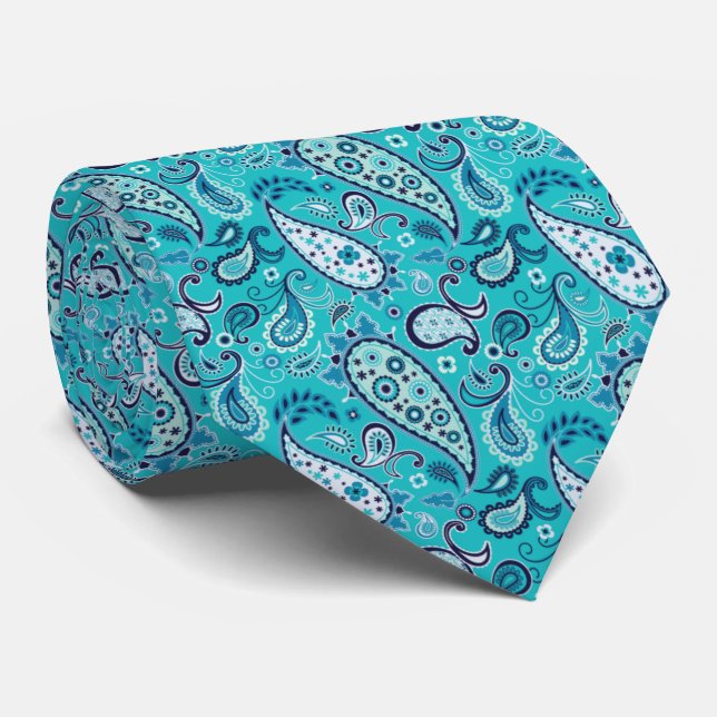 Elegant Teal and Blue Floral Paisley Neck Tie (Rolled)