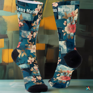 Elegant Teal and Coral Floral Patchwork custom Socks