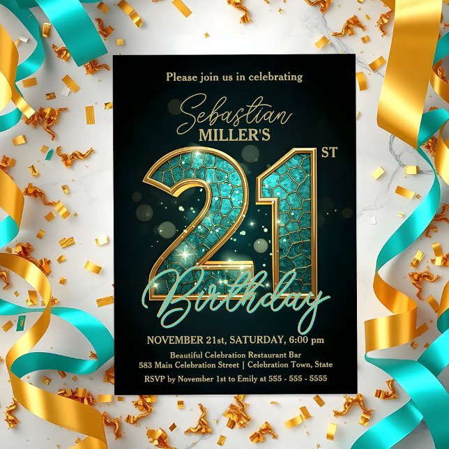 Elegant Teal and Gold 21st Birthday Celebration Invitation (Creator Uploaded)