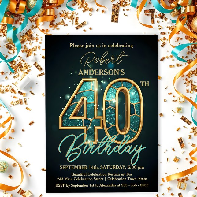 Elegant Teal and Gold 40th Birthday Celebration Invitation (Creator Uploaded)