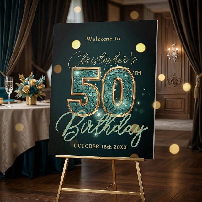 Elegant Teal and Gold 50th Birthday Welcome Foam Board (Creator Uploaded)