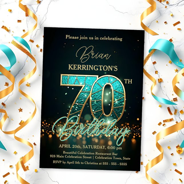 Elegant Teal and Gold 70th Birthday Celebration Invitation (Creator Uploaded)