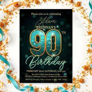 Elegant Teal and Gold 90th Birthday Celebration Invitation