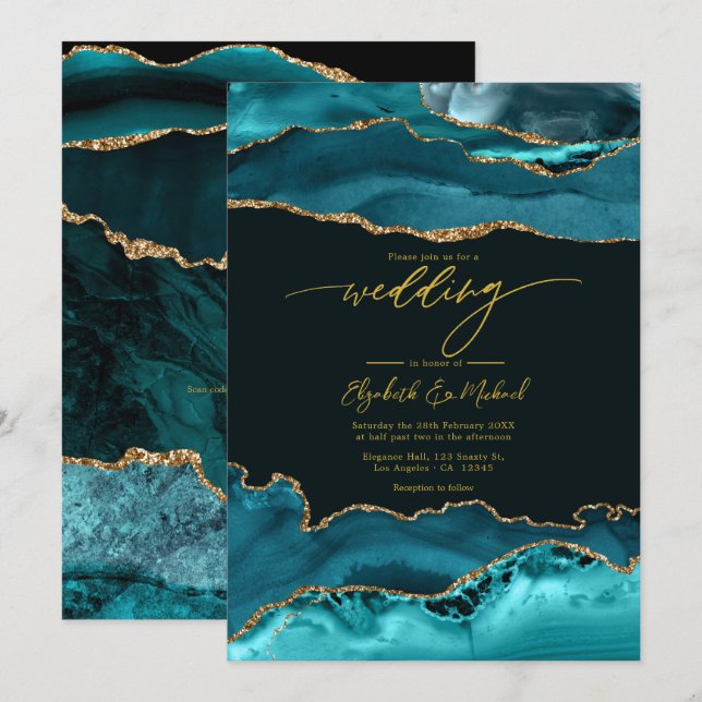 Elegant Teal and Gold Agate Wedding QR Code Invitation (Front/Back)