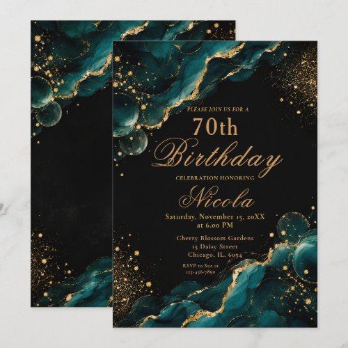 Elegant Teal and Gold Alcohol Ink Invitation