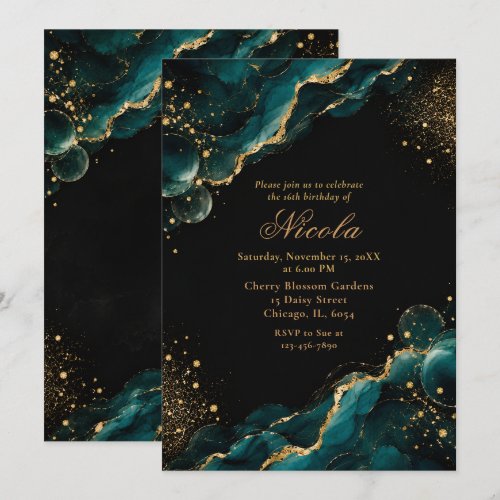 Elegant Teal and Gold Alcohol Ink Sweet Sixteen Invitation