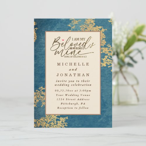 Elegant Teal and Gold Bible Christian Wedding Invitation