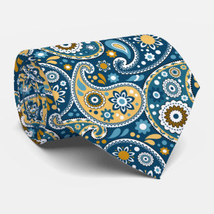 Elegant Teal and Gold Boho Chic Paisley Print Neck Tie