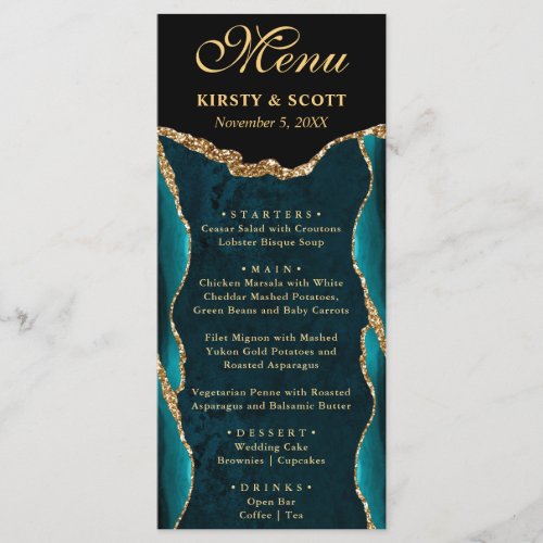 Elegant Teal and Gold Faux Glitter Agate Wedding Menu