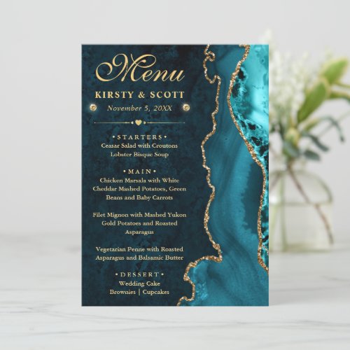 Elegant Teal and Gold Faux Glitter Agate Wedding Menu