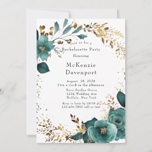 Elegant Teal and Gold Floral Bachelorette Party Invitation