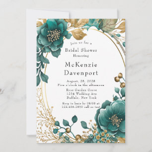 Elegant Teal and Gold Floral Bridal Shower Invitation