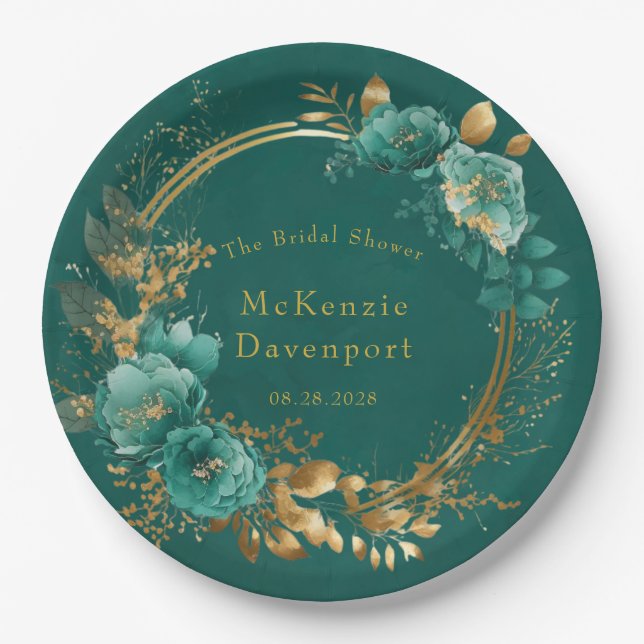 Elegant Teal and Gold Floral Bridal Shower Paper Plates (Front)