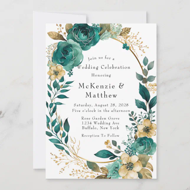 Elegant Teal and Gold Floral Wedding Celebration I Invitation | Zazzle