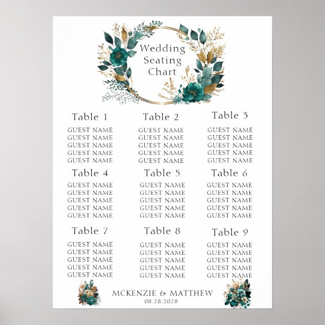 Elegant Teal and Gold Floral Wedding Seating Chart (Front)