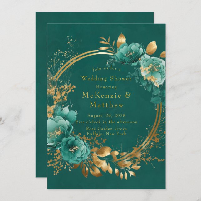 Elegant Teal and Gold Floral Wedding Shower Invitation (Front/Back)