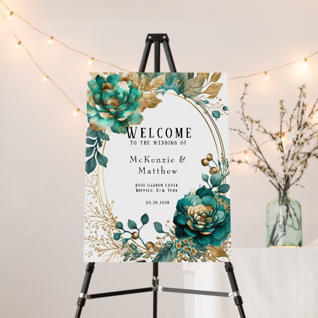 Elegant Teal and Gold Floral Wedding Welcome Sign (In Situ (Stand))