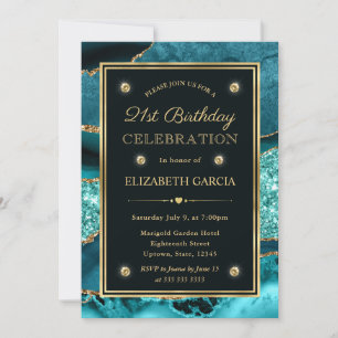 Elegant Teal and Gold Glitter Agate 21st Birthday Invitation
