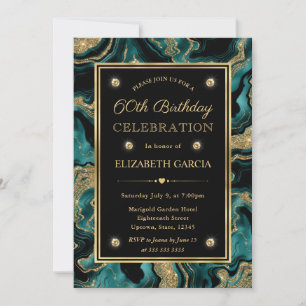 Elegant Teal and Gold Glitter Agate 60th Birthday Invitation